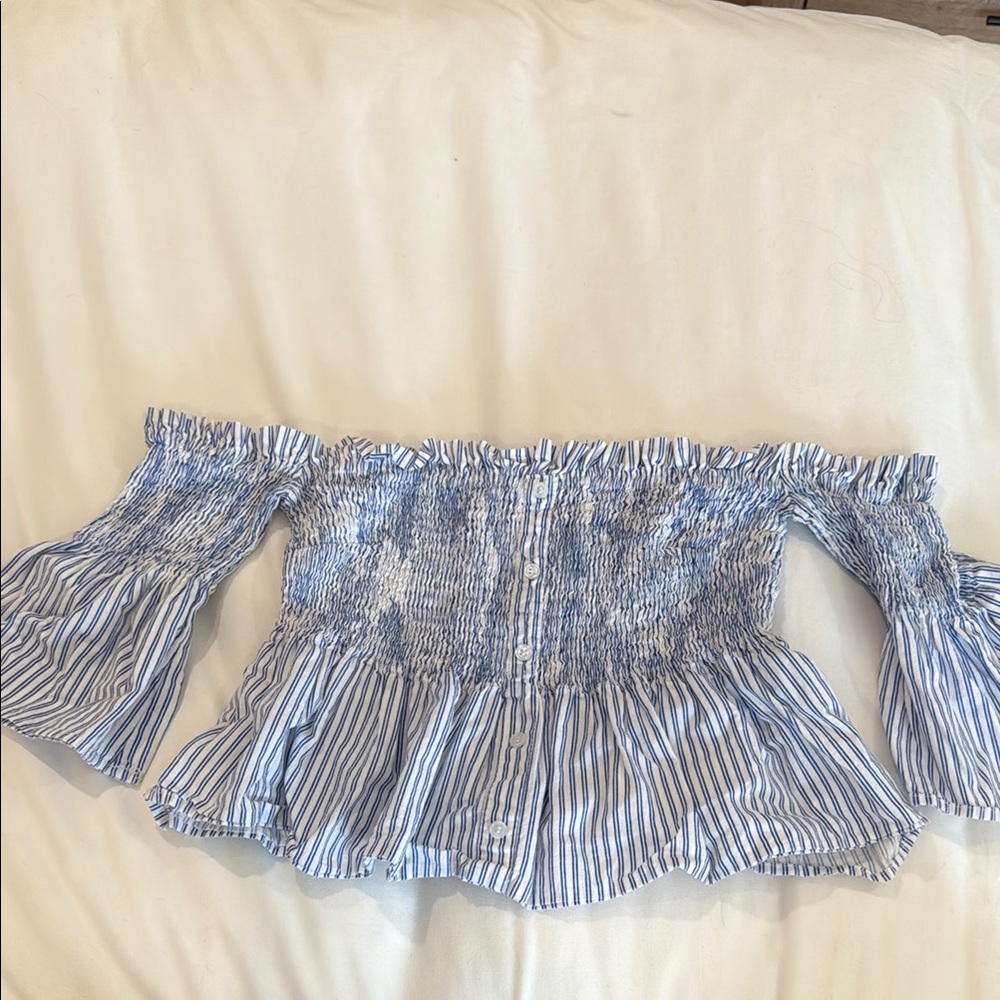 AKIRA Blue and White Striped Off-Shoulder Top